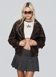 Brown faux leather jacket Classic collar, oversized lapels