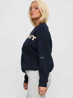 side view of model wearing Princess Polly UC Berkeley Offside Crewneck Sweatshirt Navy 
