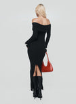 back view of model wearing Princess Polly Phylis Off The Shoulder Maxi Dress Black Straight Neck 