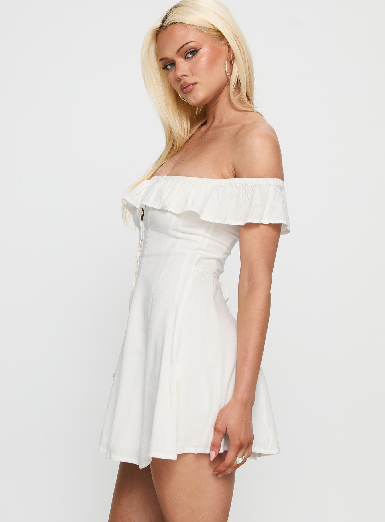 Corail Off Shoulder Frill Mini Dress White | Princess Polly Corail Off Shoulder Frill Mini Dress White | Princess Polly