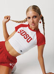 side view of model wearing Princess Polly SDSU Homerun Tee White / Red Short Sleeves Crew Neck 