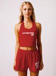 front view of model wearing Princess Polly SDSU Tailgate Top Red Sleeveless Crew Neck 