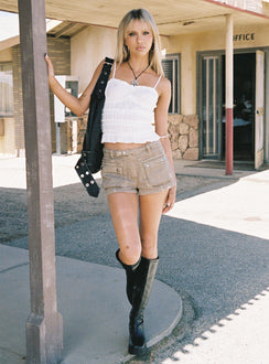 front view of model wearing Princess Polly Outerbank Cargo Short Light Brown Wash Low Rise Shorts 