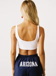 back view of model wearing Princess Polly U of A Scoop Neck Crop Top White Sleeveless Scoop Neck 