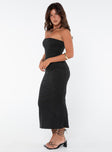 Strapless midi dress, slim fitting Thin knit ribbed material, strapless design, diagonal detail stitching, elasticated bust & back, inner silicon strip along bust, invisible zip fastening on side