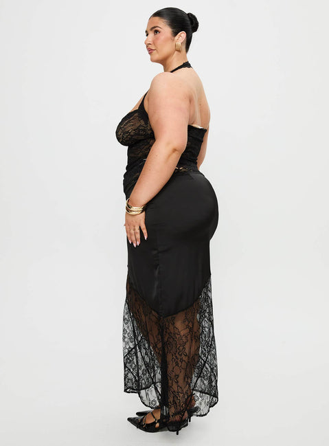   side view of model wearing Princess Polly Castelli Lace Maxi Skirt Black Curve Maxi 