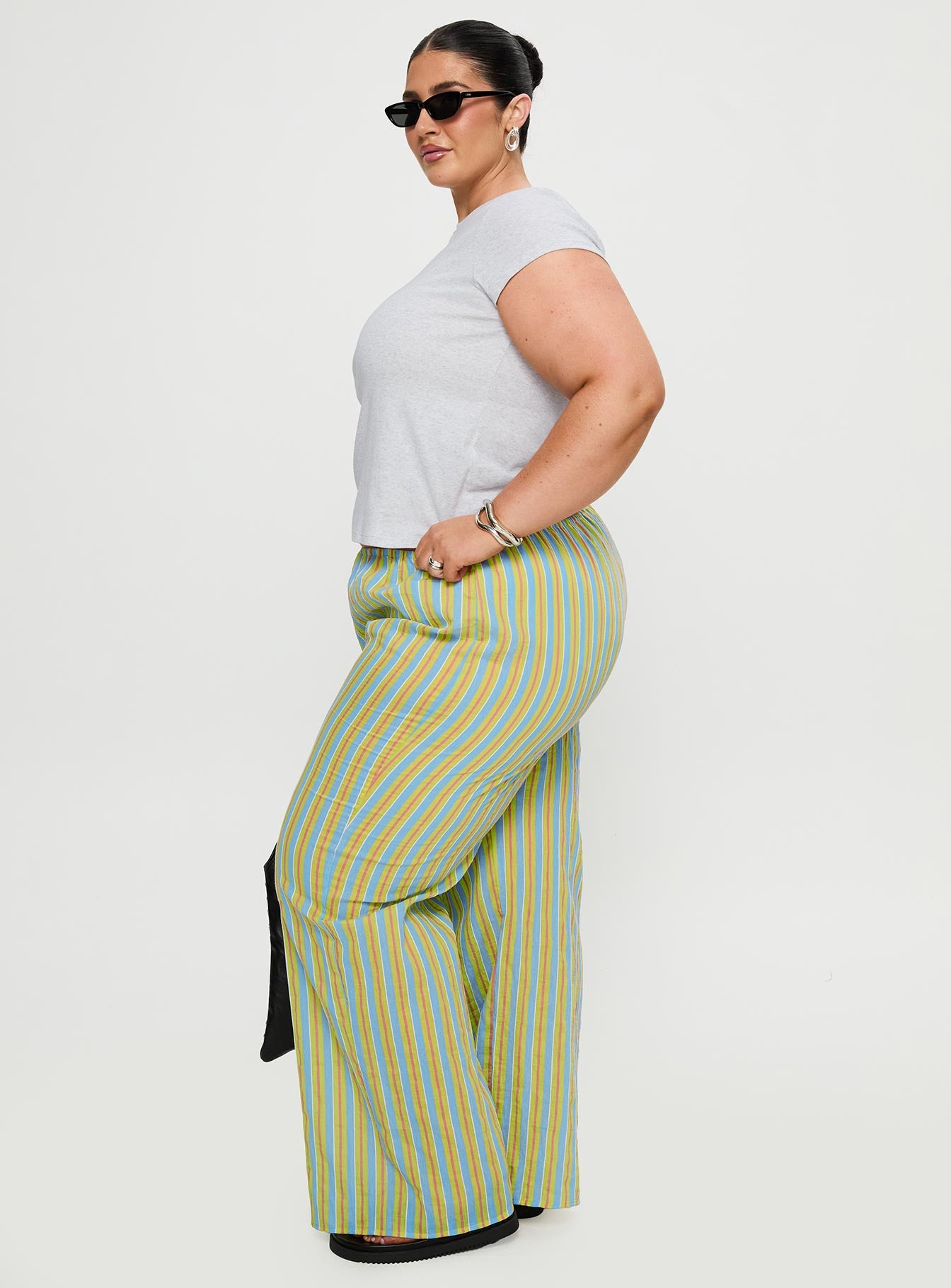 side view of model wearing Princess Polly Limestone Pants Multi Curve High Waisted Pants 