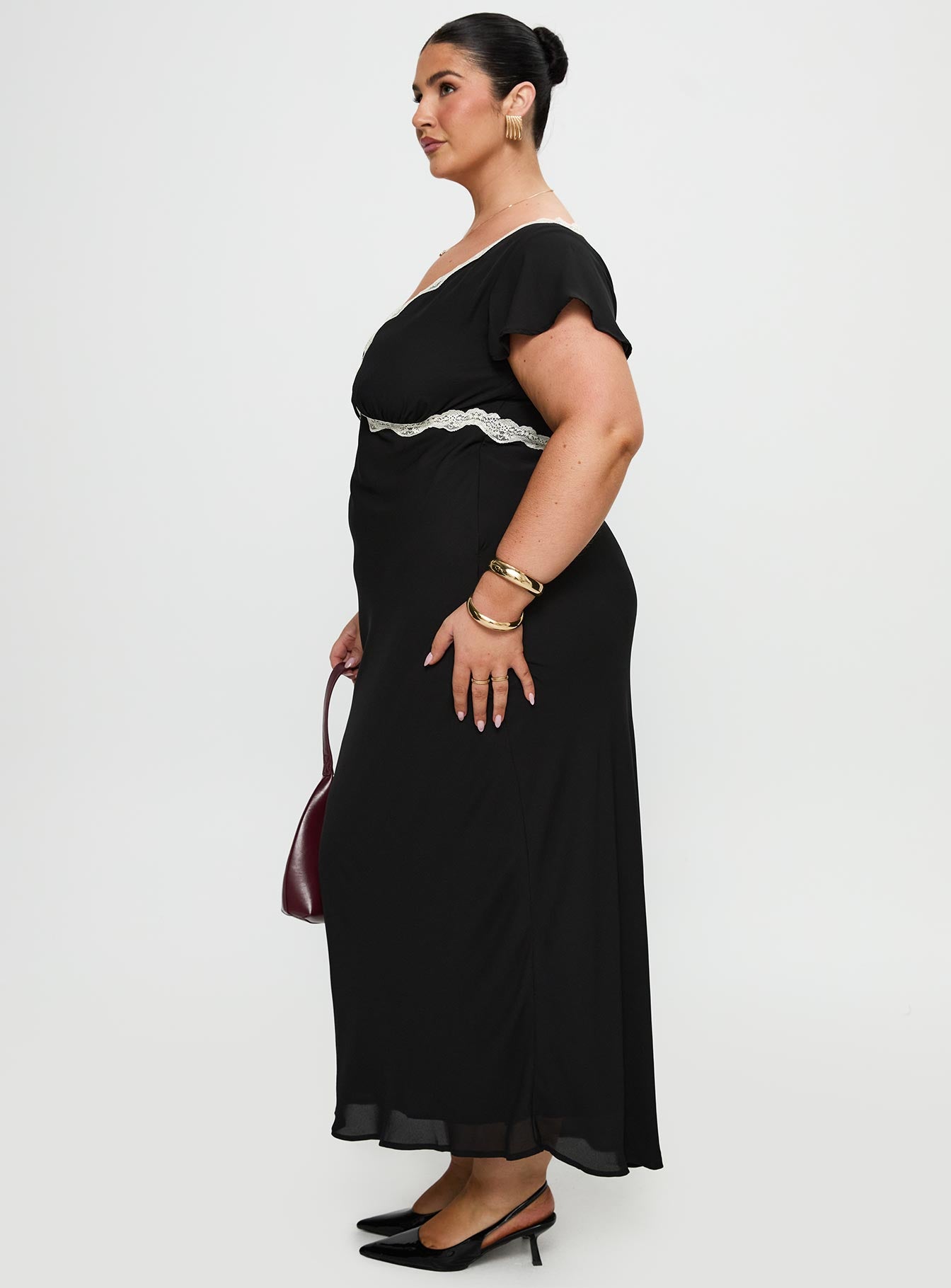 side view of model wearing Princess Polly Barbarita Lace Maxi Dress Black Curve Plunger 