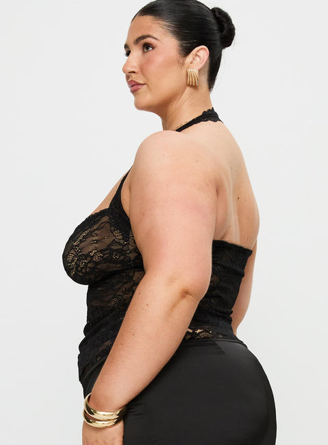 side view of model wearing Princess Polly Fantasize Lace Halter Top Black Curve Sleeveless Sweetheart 