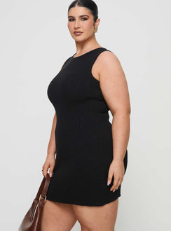 side view of model wearing Princess Polly Osment Knit Mini Dress Black Curve Crew Neck 