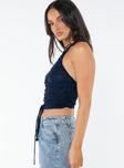 Sparkly mesh material top Halter neck with button fastening, lace-up detail at front with tie fastening, low back