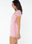 Mini dress Anglaise material Puff sleeves Square neckline Lace-up and invisible zip fastening at back