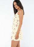 Mini dress Cherry print Fixed shoulder straps Square neckline Invisible zip fastening at back