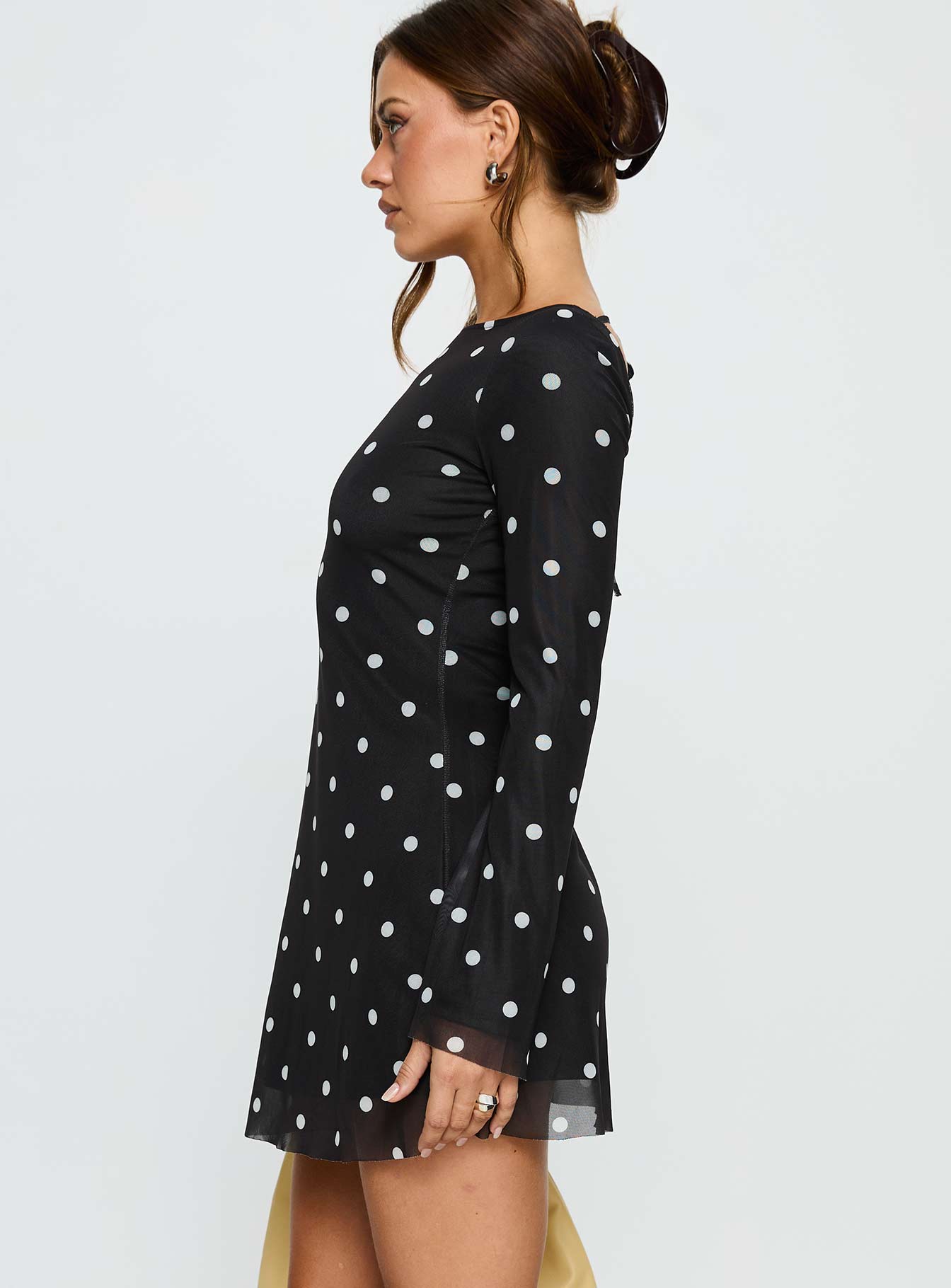 long sleeve black and white polka dot dress Black and White Chiffon Maxi Dress with Illusion Neckline and Half Sleeves