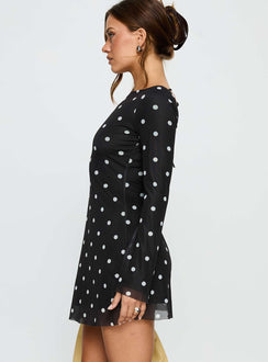 Lukea Long Sleeve Mini Dress Black Polka Dot