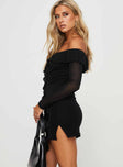 side view of model wearing Princess Polly Navaro Off The Shoulder Mini Dress Black Straight Neck 