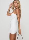 side view of model wearing Princess Polly Pennell Mini Dress White Square Neck 