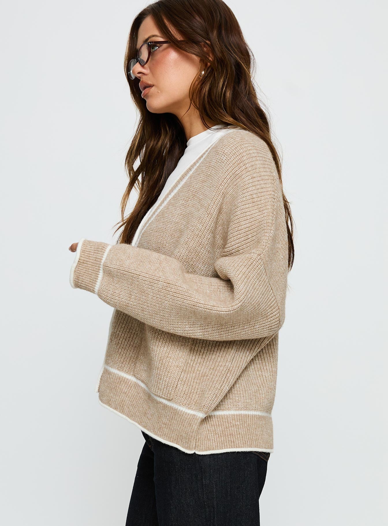 Cressara Contrast Knit Cardigan Beige / White | Princess Polly