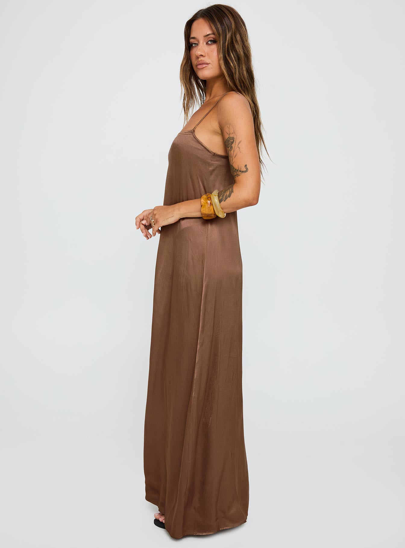 side view of model wearing Princess Polly Apple Cider Maxi Dress Brown Square Neck 