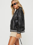 Faux leather jacket Contrast-washed black throughout, classic collar, twin hip pockets, ribbed cuffs & waist, magnetic button fastening at front Non-stretch material, fully lined 