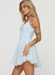 side view of model wearing Princess Polly Gozette Mini Dress Blue Floral Sweetheart Neckline 