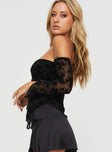 Off-the-shoulder long sleeve top Ruching at bust, open front style, inner silicone strip at bust 