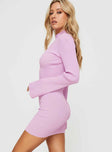 side view of model wearing Princess Polly Bellimo Long Sleeve Mini Dress Pink High Neck 