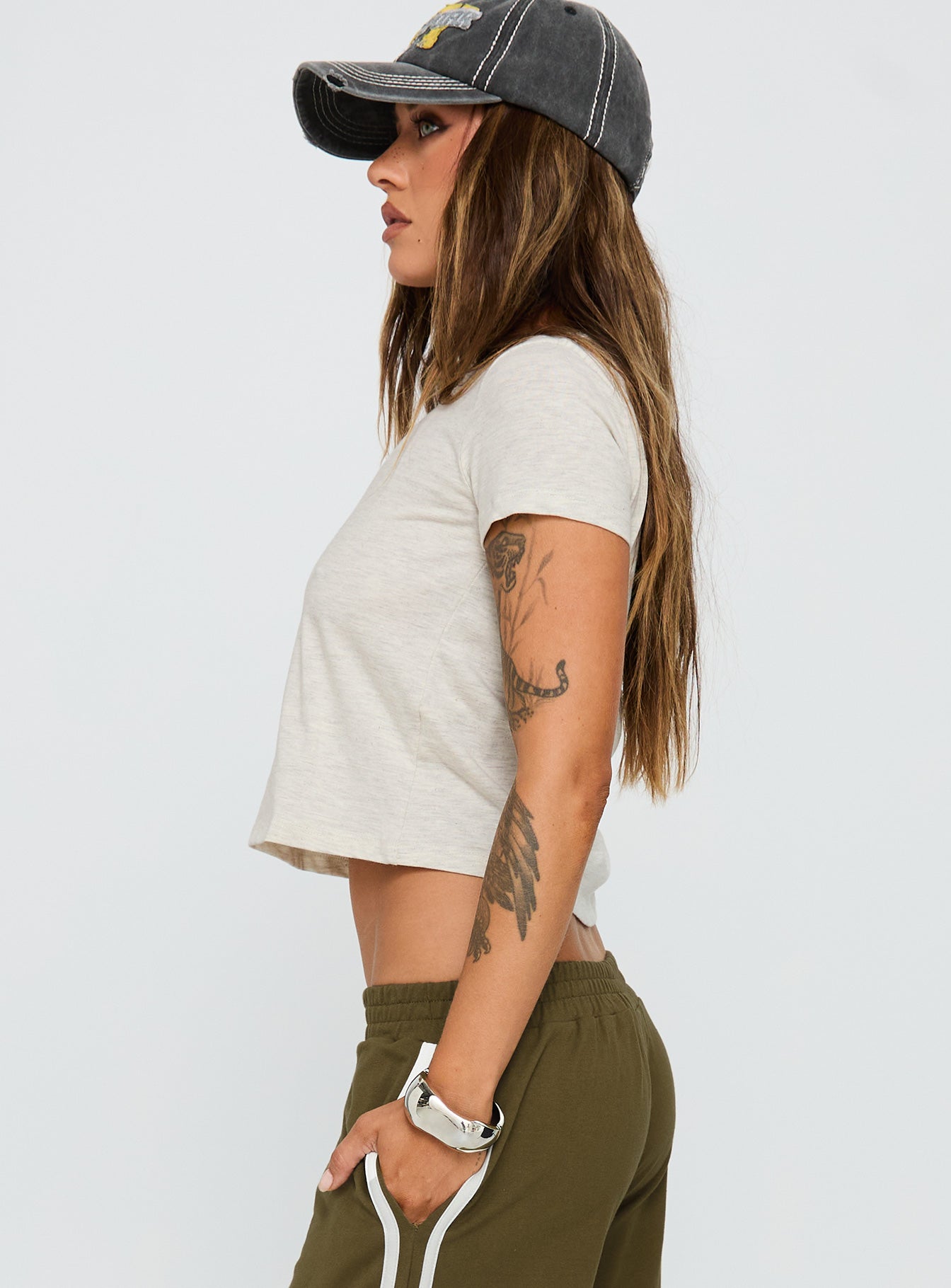 side view of model wearing Princess Polly Micah Tee Grey Marle Short Sleeves Crew Neck 