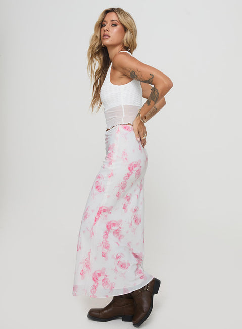   side view of model wearing Princess Polly Agave Maxi Skirt Floral Maxi 