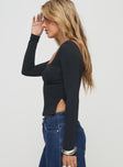 side view of model wearing Princess Polly Rehna Long Sleeve Top Black Full Sleeves Sweetheart 