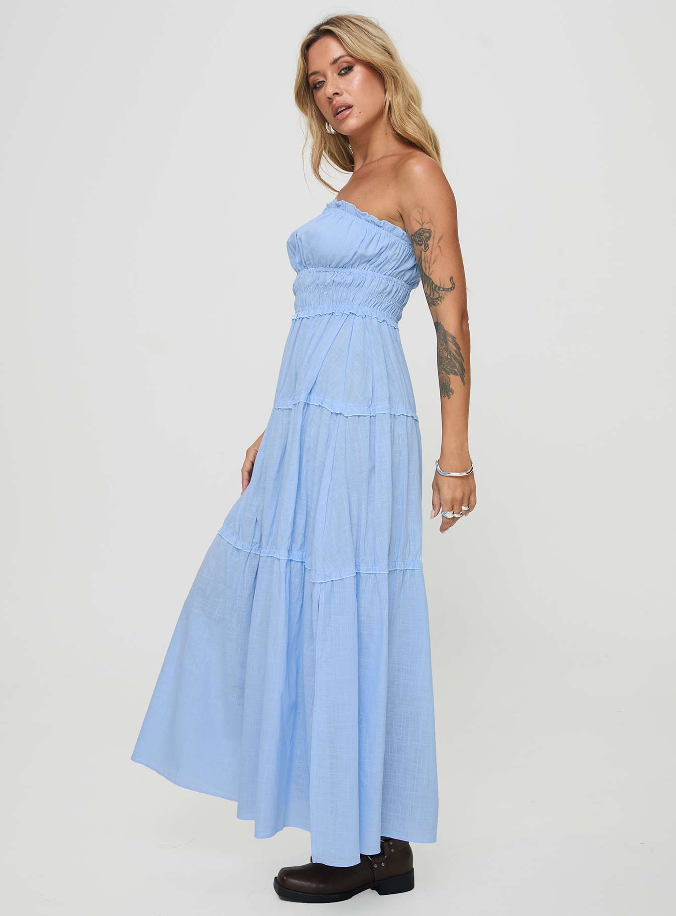 side view of model wearing Princess Polly Minogue Maxi Dress Blue Straight Neck 