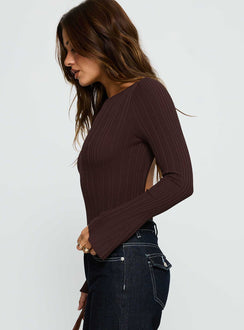 side view of model wearing Princess Polly Mayok Long Sleeve Bodysuit Brown Long Sleeve Tops 