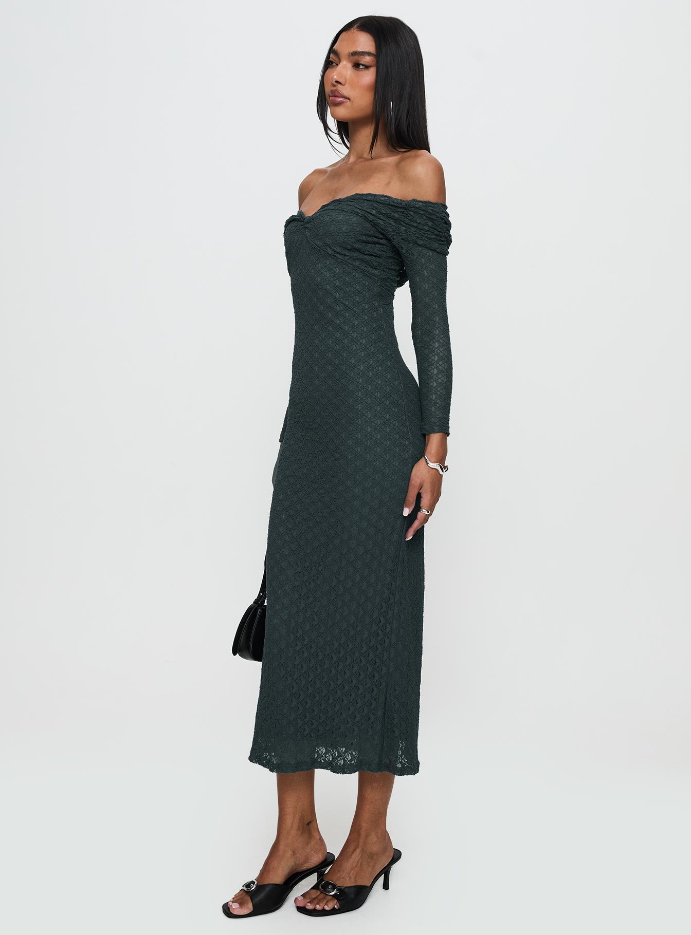 side view of model wearing Princess Polly Elexis Off The Shoulder Maxi Dress Blue V-Neck 