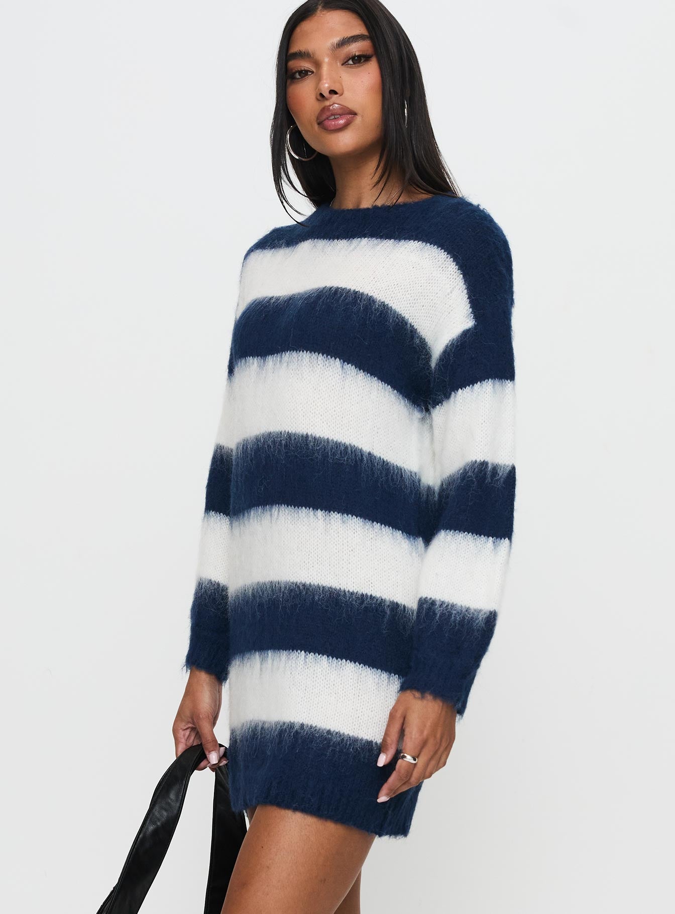 side view of model wearing Princess Polly Iryna Long Sleeve Knit Mini Dress Navy / White Stripe Crew Neck 