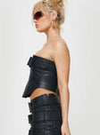 Faux leather corset top Gold-toned hardware, zip and buckle fastening, curved hem