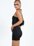 Strapless mini dress Silky material Boing through waist Hook and eye fastening at front