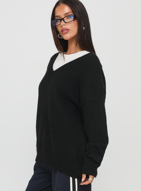 side view of model wearing Princess Polly Stay The Night V Neck Knit Sweater Black 