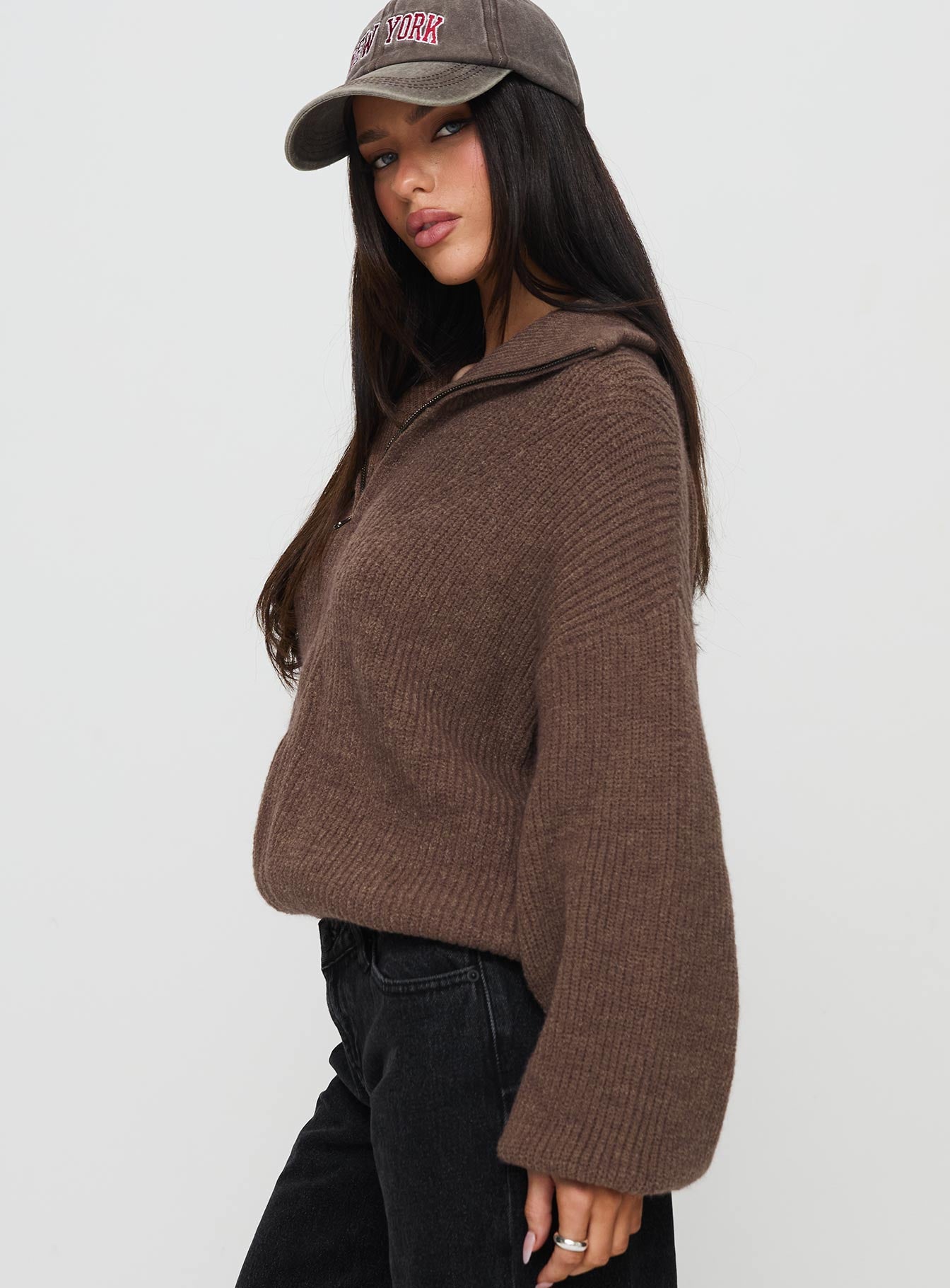 Hertford Zip Through Knit Sweater Brown | Princess Polly