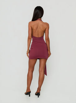 Poppee Halter Tie Detail Mini Dress Burgundy