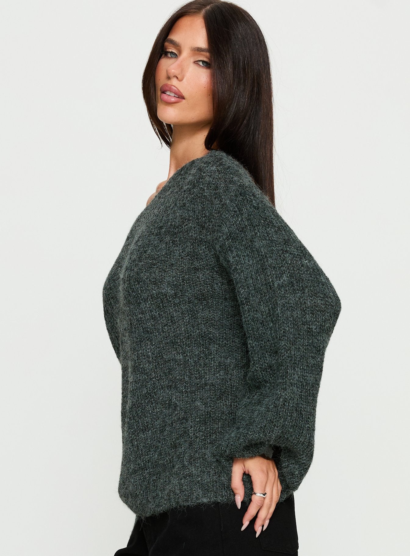 Delyn Off Shoulder Slouchy Knit Sweater Blue | Princess Polly