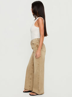 side view of model wearing Princess Polly Fawcett High Rise Straight Leg Jeans Tan High Rise Jeans 