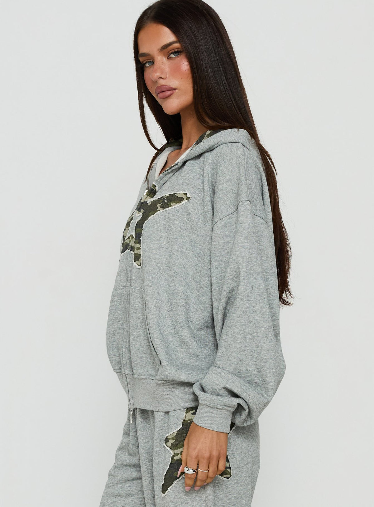 Chelzie Zip Through Graphic Hoodie Grey Marle / Camo