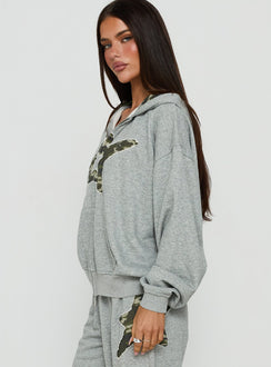Chelzie Zip Through Graphic Hoodie Grey Marle / Camo