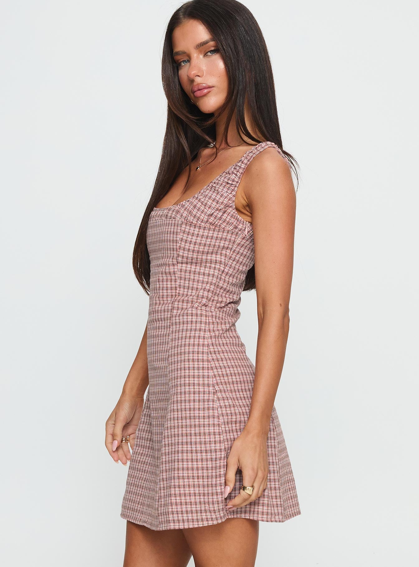 Denley Cinched Mini Dress Pink Check | Princess Polly