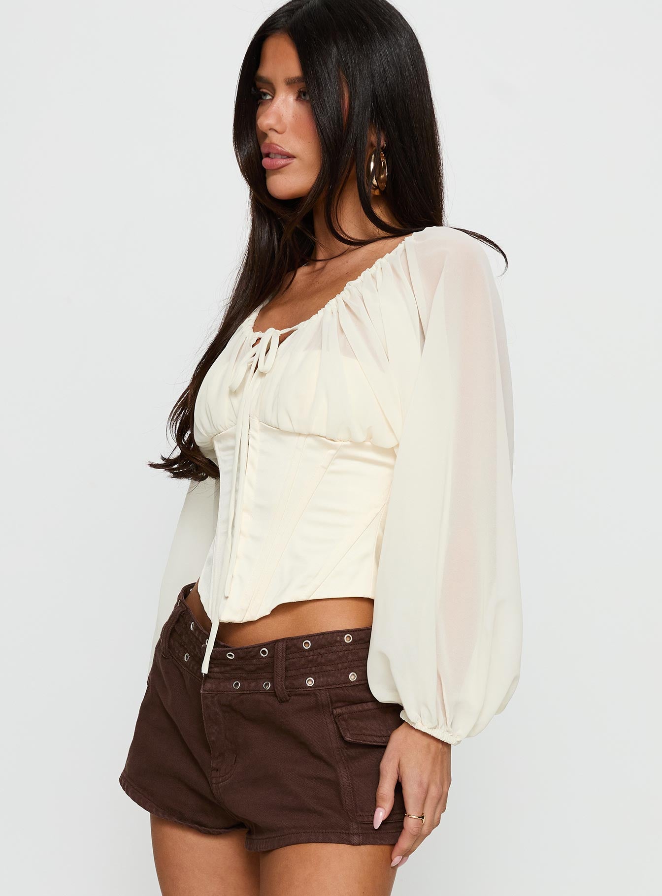 トップス elfelfelfarchives LONG SLEEVE corset Alexanna Blouson Long Sleeve Corset Top Antique White | Princess Polly