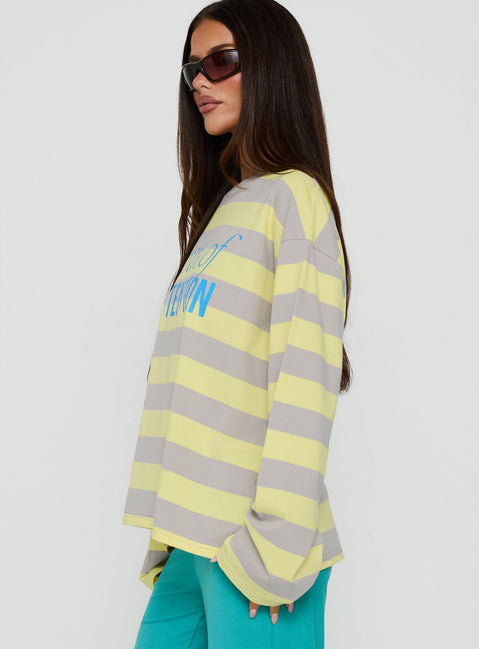 Centre Of Attention Oversized Graphic Long Sleeve Top Yellow / Grey Stripe
