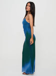 side view of model wearing Princess Polly Amoret Maxi Dress Blue / Green Scoop Neck 