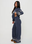 side view of model wearing Princess Polly Alpine Knit Pants Navy / Cream High Waisted Pants 