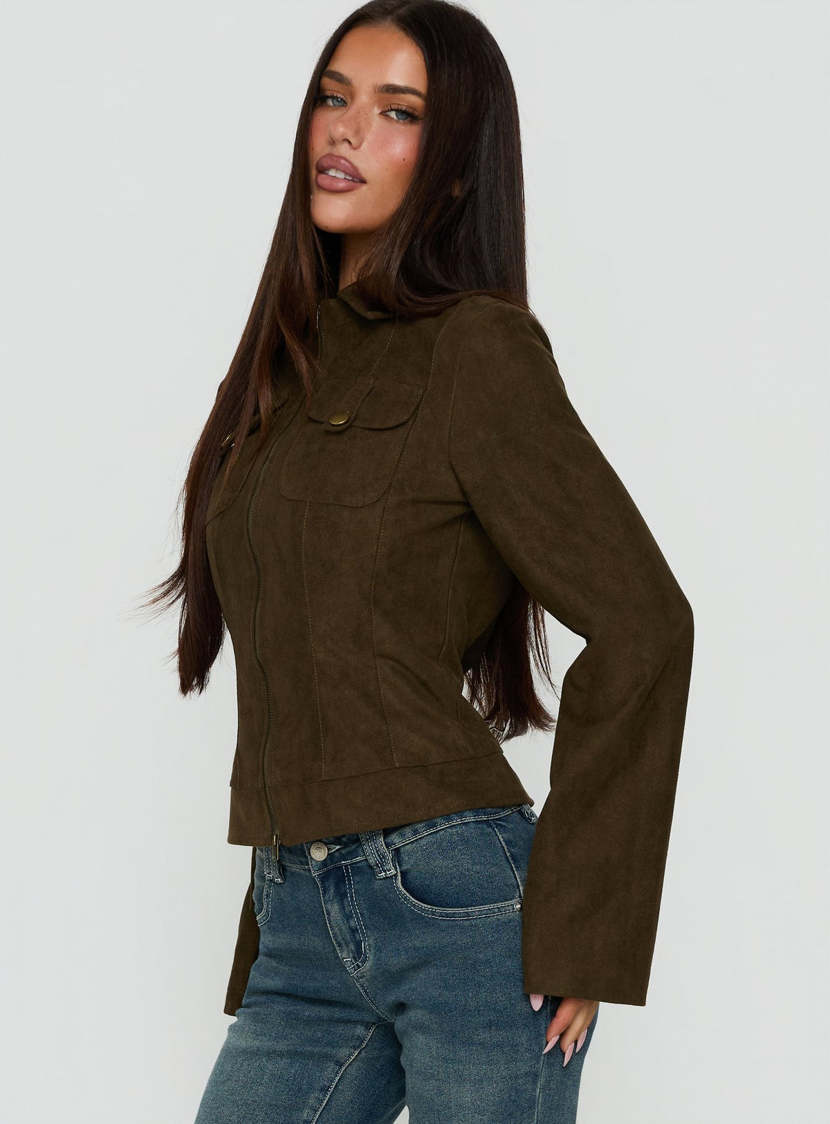 Kelehan Long Sleeve Faux Suede Zip Front Jacket Khaki