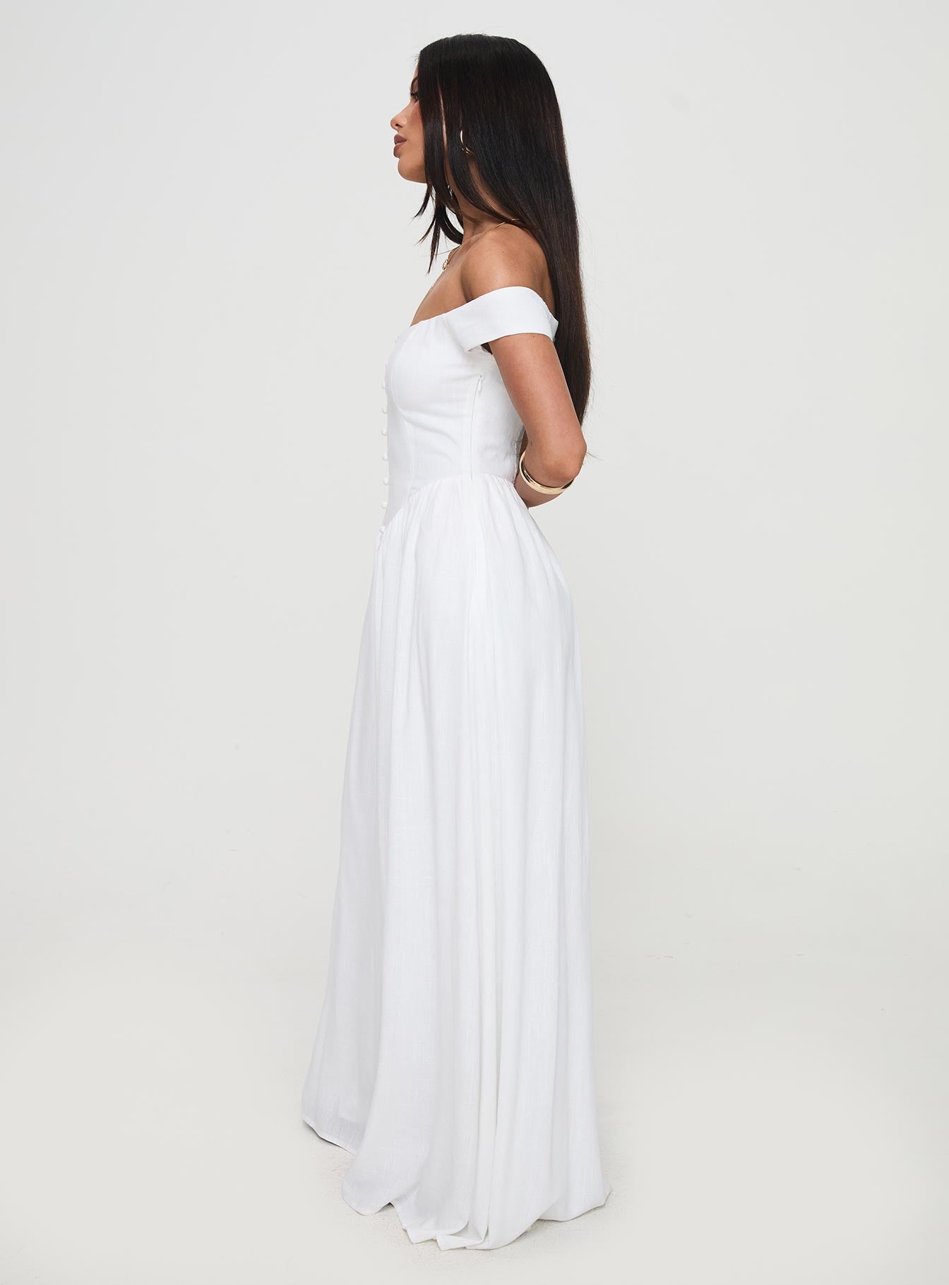 side view of model wearing Princess Polly Romantic Maxi Dress White Straight Neck 